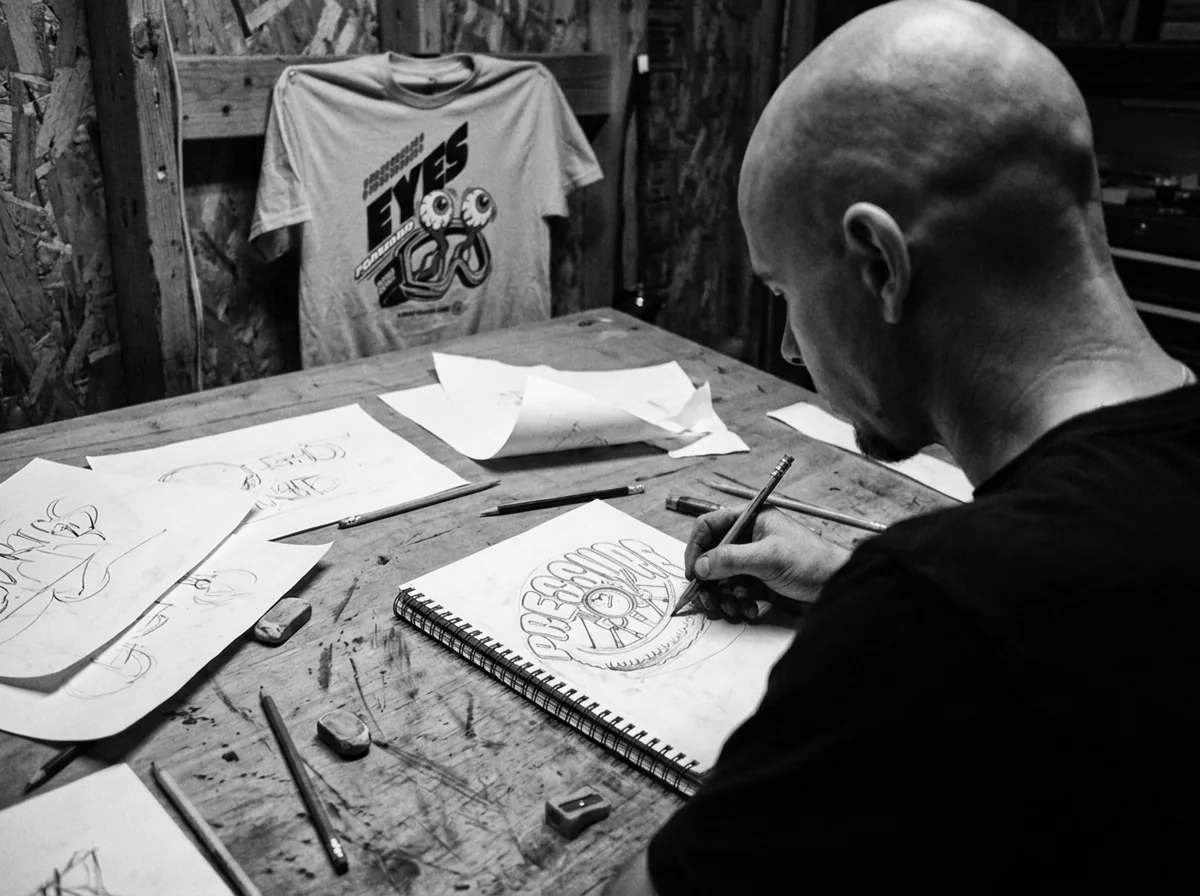 Gründer von ONDIRT skizziert ein Print-Design am Zeichentisch