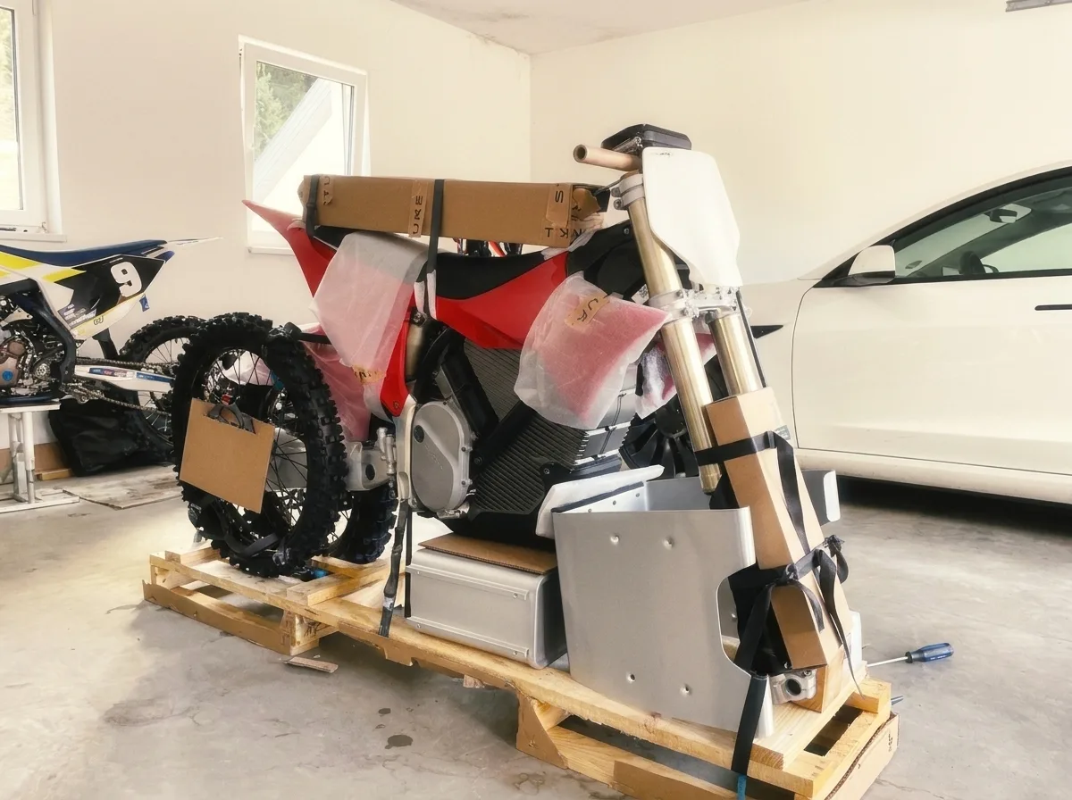 Stark Varg MX frisch ausgepackt auf der Holzpalette, noch mit Transportverpackung